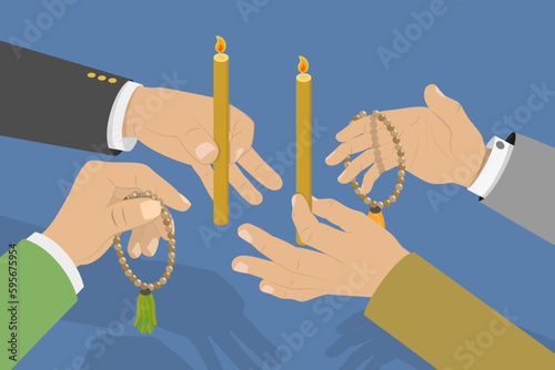 3D Isometric Flat Vector Conceptual Illustration of Religin Rite, Hands Holding Burning Candles photo