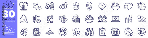 Do not touch, Salad and Stress line icons pack. Skin moisture, Slow fashion, Quarantine web icon. Electronic thermometer, Social distance, Medical help pictogram. Stress protection. Vector