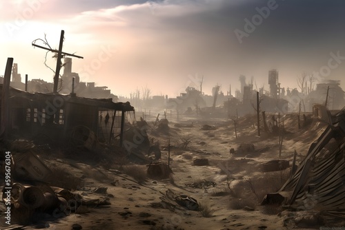 old abandoned city, post-apocalypse, desolated wasteland, illustration, Ai generative, 
