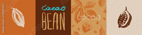 Cocoa beans seamless pattern. Vector hand-drawn Cacao beans background for chocolate packaging ornament or powder. Old-fashioned cocoa plant illustrations for Bean to Bar label. Organic cacao butter.