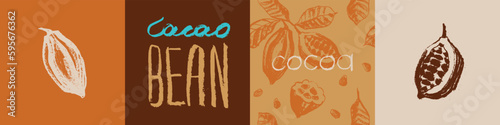 Cocoa beans seamless pattern. Vector hand-drawn Cacao beans background for chocolate packaging ornament or powder. Old-fashioned cocoa plant illustrations for Bean to Bar label. Organic cacao butter.