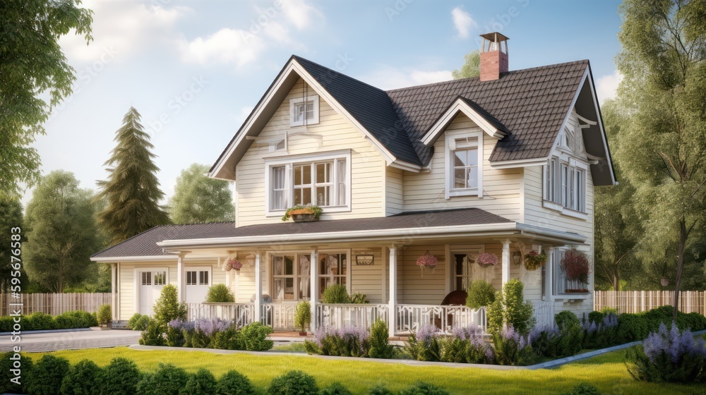 Country exterior house design in daytime golden hour generative ai