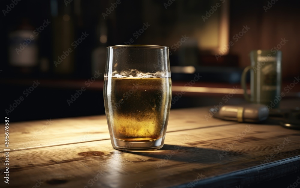 A glass of lager beer on a table in a bar or pub fresh light beer illustration Generative AI A glass of lager beer on a table in a bar or pub fresh light beer illustration Generative AI