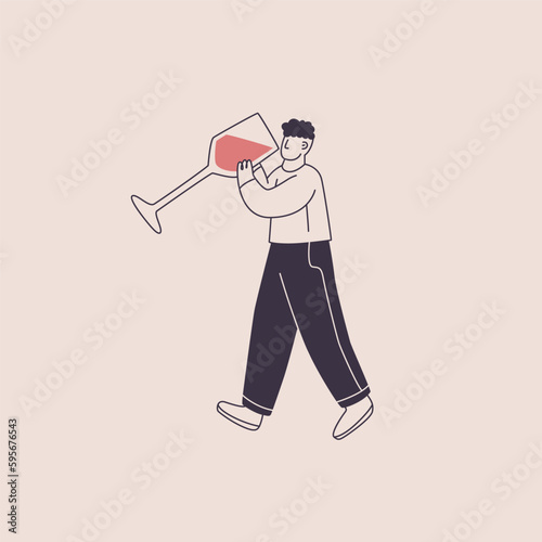 A man drinks wine from a huge glass. Cute character in trendy style. Vector isolated illustration for wine theme design.