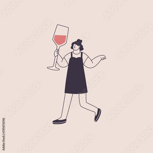 A woman with a giant glass of wine. Cute character in trendy style. Vector isolated illustration for wine theme design.
