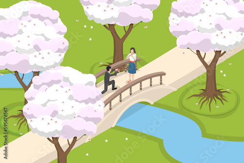 3D Isometric Flat Vector Conceptual Illustration of Blooming Sakura Trees, Couple Walking on the Bridge