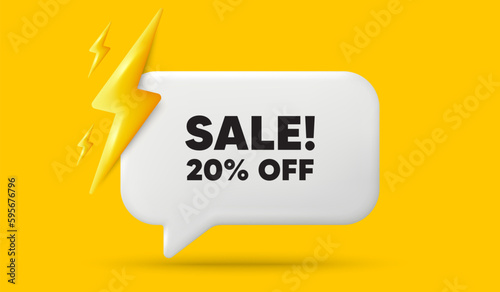 Sale 20 percent off discount. 3d speech bubble banner with power energy. Promotion price offer sign. Retail badge symbol. Sale chat speech message. 3d offer talk box. Vector