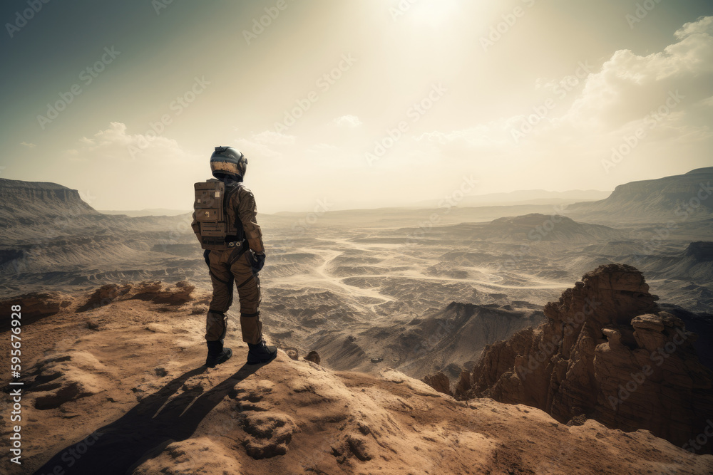 Astronaut overlooking the view mars. Generative AI.