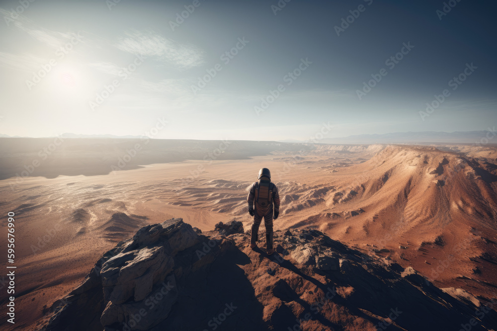 Astronaut on a cliff overlooking mars. Generative AI.