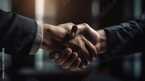 Businessman handshake for teamwork of business merger, successful negotiate,hand shake,two businessman shake hand with partner to celebration partnership and business deal concept. Generative AI