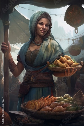 Smiling Woman Street Food Vendor Medieval Fantasy RPG Character Illustration [Generative AI]