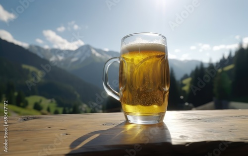 A glass of lager beer on a table on a mountain background fresh light beer illustration Generative AI