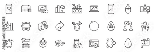 Icons pack as Car charge, Airplane and Certificate line icons for app include Loop, Graph laptop, Money tax outline thin icon web set. People voting, Stars, Bus pictogram. Map. Vector