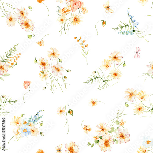 Watercolor seamless pattern of minimalistic field wild flowers, floral print in png. Hand painted summer meadow flowers. Botanical digital paper. © ArtMaslyana