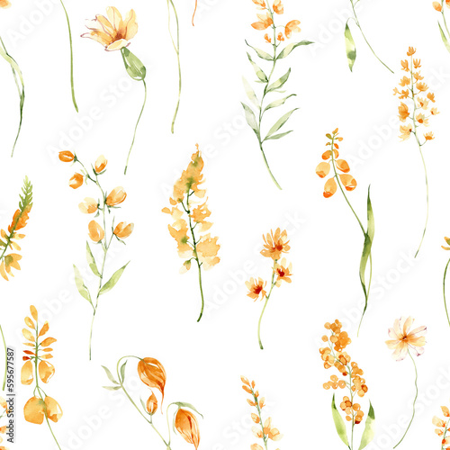 Watercolor seamless pattern of minimalistic field wild flowers  floral print in png. Hand painted summer meadow flowers. Botanical digital paper.