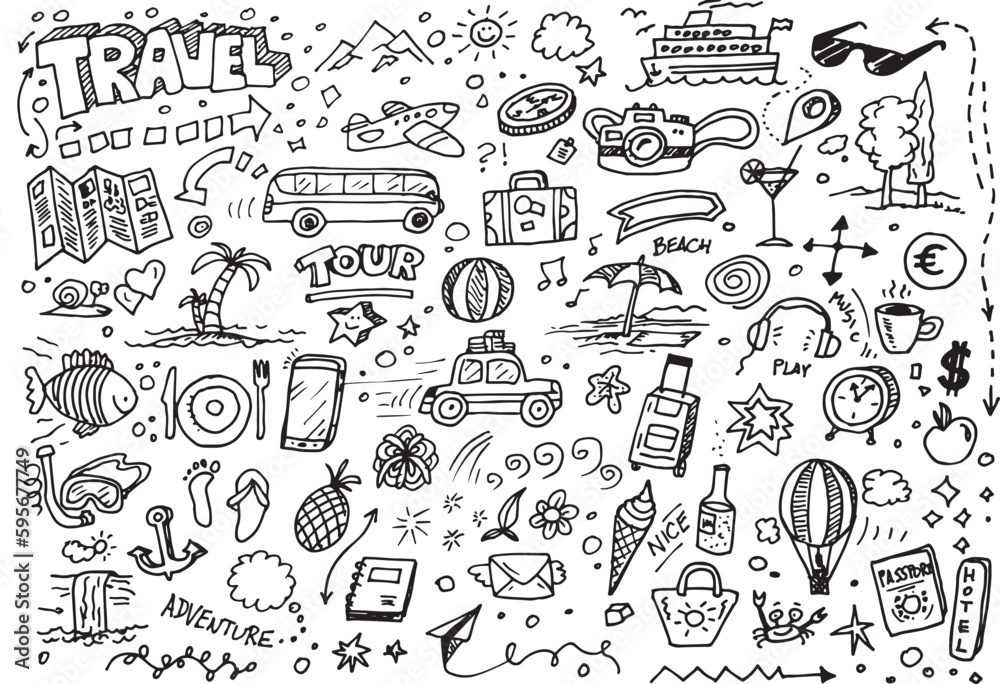Hand drawn travel doodles, vector illustration set
