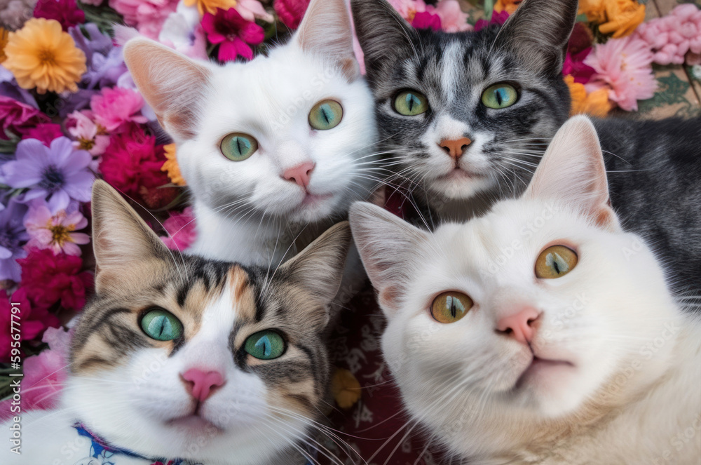4 friends cats with flowers 4 friends cats with flowers