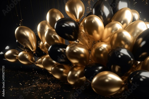 Luxury banner with golden ribbon and glossy balloons for grand opening social media stories collection. Generative AI