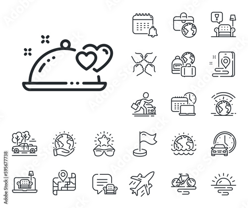 Valentines day restaurant food sign. Plane jet, travel map and baggage claim outline icons. Romantic dinner line icon. Couple relationships symbol. Romantic dinner line sign. Vector