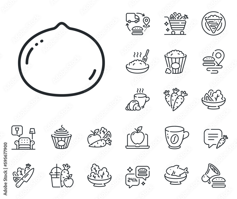 Tasty nuts sign. Crepe, sweet popcorn and salad outline icons. Macadamia nut line icon. Vegan food symbol. Macadamia nut line sign. Pasta spaghetti, fresh juice icon. Supply chain. Vector