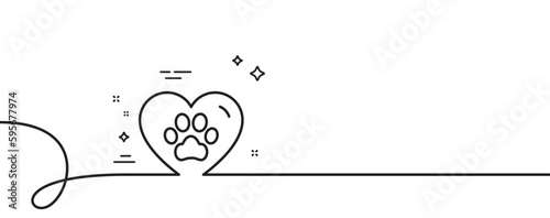 Pets care line icon. Continuous one line with curl. Veterinary clinic sign. Dog paw in heart symbol. Pets care single outline ribbon. Loop curve pattern. Vector