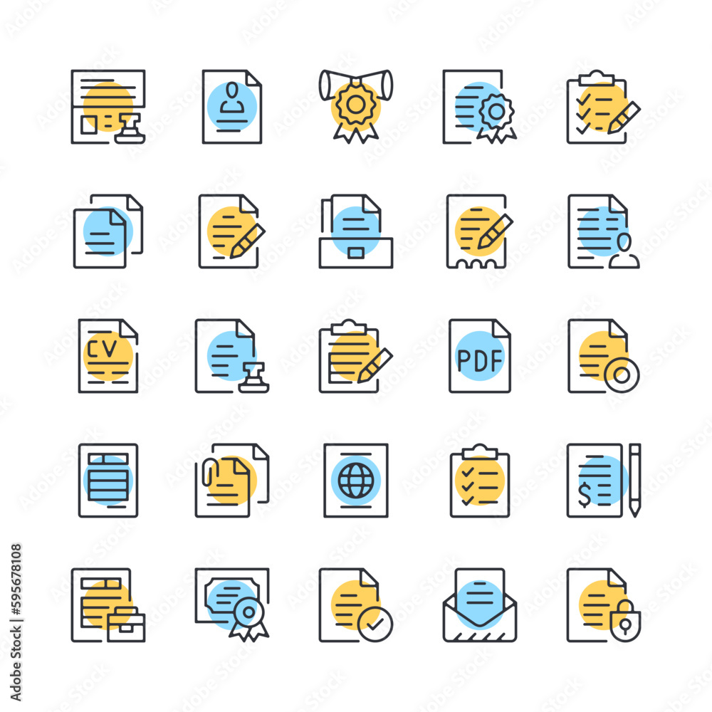Documents line icons. Set of document icons. Black, blue and yellow ...