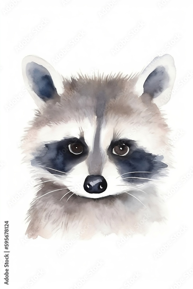 watercolor cute racoon with big eyes. vector illustration of woodland animal. nursery art. wall art. isolated on white background. generative ai