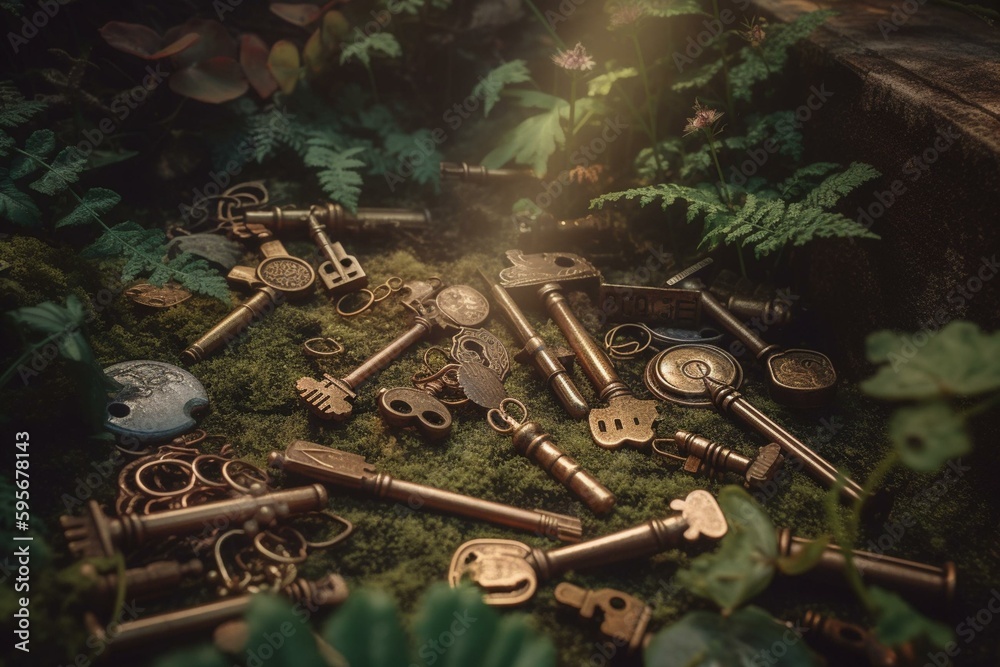 Mysterious forest backdrop with vintage golden keys. Secret garden and mystery art vibes with