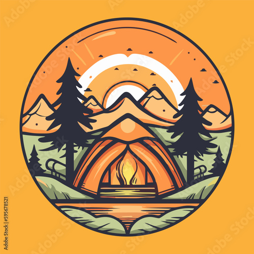 Camping logo with bonfire in the woods. Vector illustration