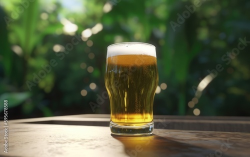 A glass of lager beer on a table on a jungle background fresh light beer illustration Generative AI