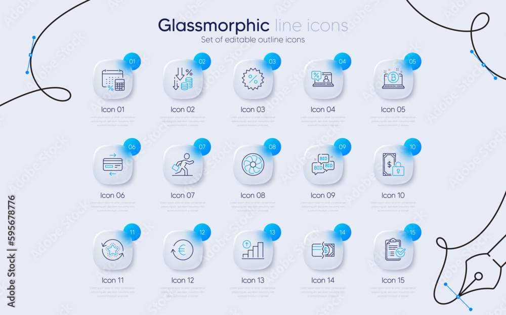 Naklejka premium Set of Online loan, Credit card and Businessman run line icons for web app. Loyalty points, Fan engine, Bid offer icons. Graph chart, Bitcoin, Deflation signs. Annual tax. Vector
