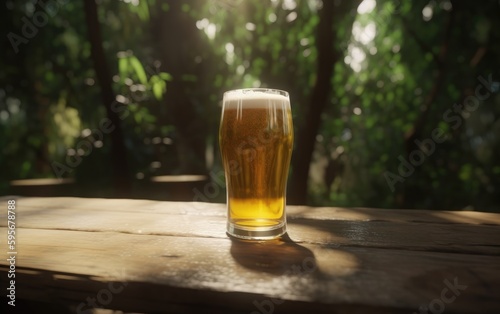 A glass of lager beer on a table on a jungle background fresh light beer illustration Generative AI