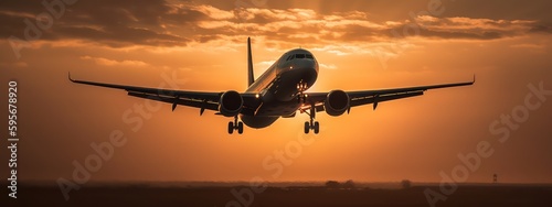 Modern Passenger airplane flight in sunset panorama. Generative AI