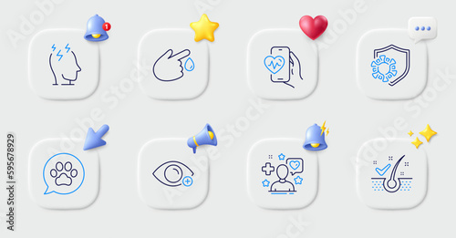 Pets care, Cardio training and Anti-dandruff flakes line icons. Buttons with 3d bell, chat speech, cursor. Pack of Blood donation, Stress, Farsightedness icon. Coronavirus, Patient pictogram. Vector
