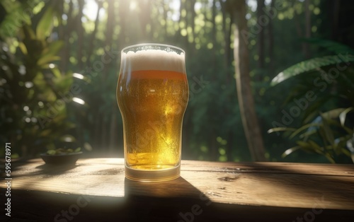 A glass of lager beer on a table on a jungle background fresh light beer illustration Generative AI