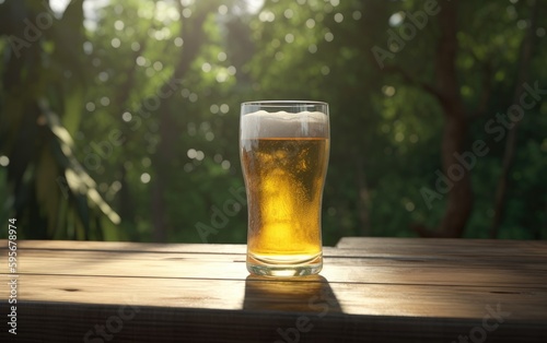 A glass of lager beer on a table on a jungle background fresh light beer illustration Generative AI