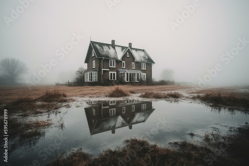 Symmetrical, snowy house in isolated misty field with ominous tone and wet reflections. Keywords: house, snow, mist, reflections, symmetrical, ominous, secluded, winter, early morning. Generative AI