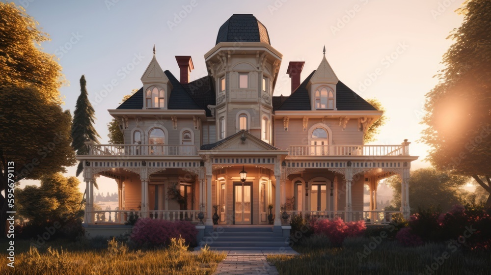 Victorian exterior house design in daytime golden hour generative ai