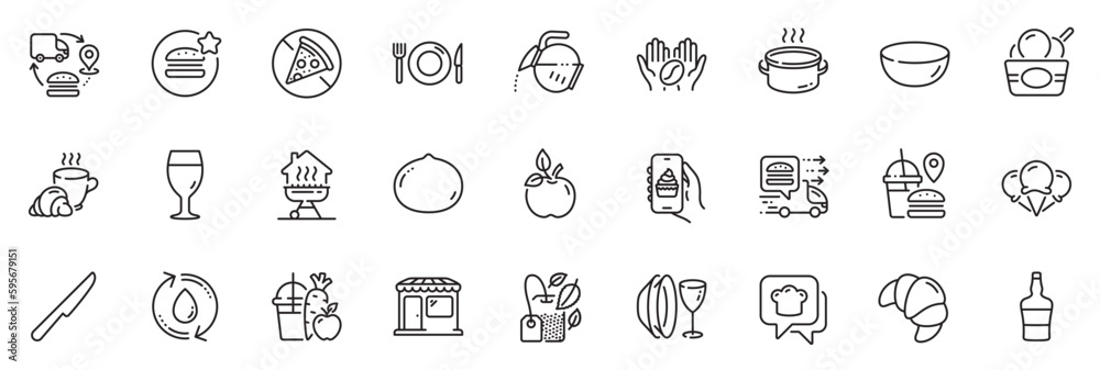 Icons pack as Bowl dish, Juice and Table knife line icons for app include Fast food, Dish plate, Best food outline thin icon web set. Market, Refill water, Macadamia nut pictogram. Vector