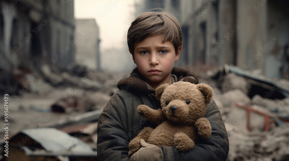 Obraz premium A sad boy standing with bear in front of collapse buildings area, natural disaster or war victim, sorrow scenery idea for support children's right - AI Photography
