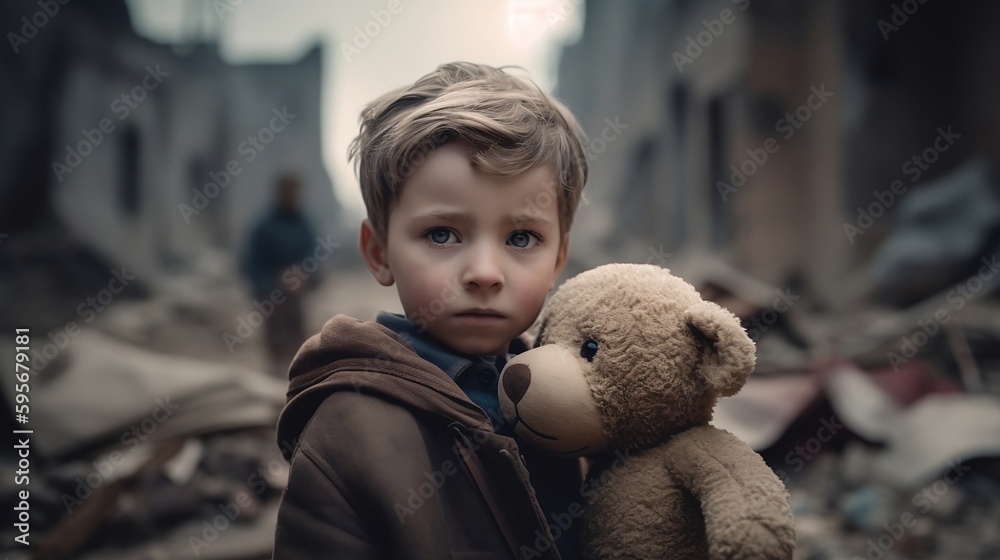 A sad boy standing with bear in front of collapse buildings area, natural disaster or war victim, sorrow scenery idea for support children's right - AI Photography - obrazy, fototapety, plakaty 