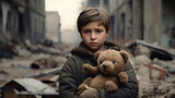 A sad boy standing with bear in front of collapse buildings area, natural disaster or war victim, sorrow scenery idea for support children's right - AI Photography