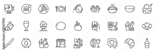 Icons pack as Bowl dish, Juice and Table knife line icons for app include Fast food, Dish plate, Best food outline thin icon web set. Market, Refill water, Macadamia nut pictogram. Vector