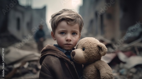 A sad boy standing with bear in front of collapse buildings area, natural disaster or war victim, sorrow scenery idea for support children's right - AI Photography