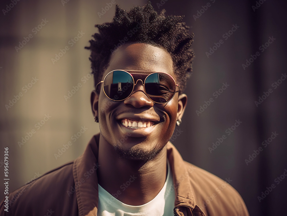 Obraz premium Handsome portrait of black man smiling. Afro American guy with sun glasses. Generative Ai