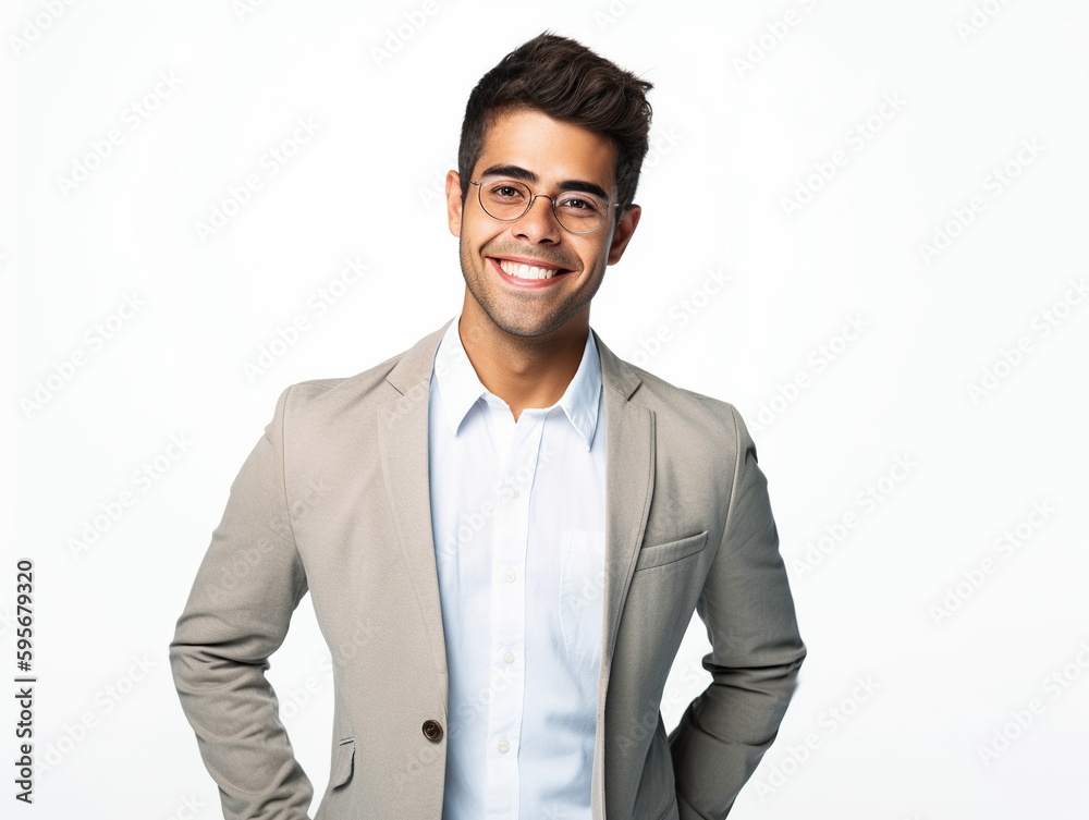 Young business Brazilian man isolated on white background posing with arms and smiling. Generative Ai Young business Brazilian man isolated on white background posing with arms and smiling. Generative Ai