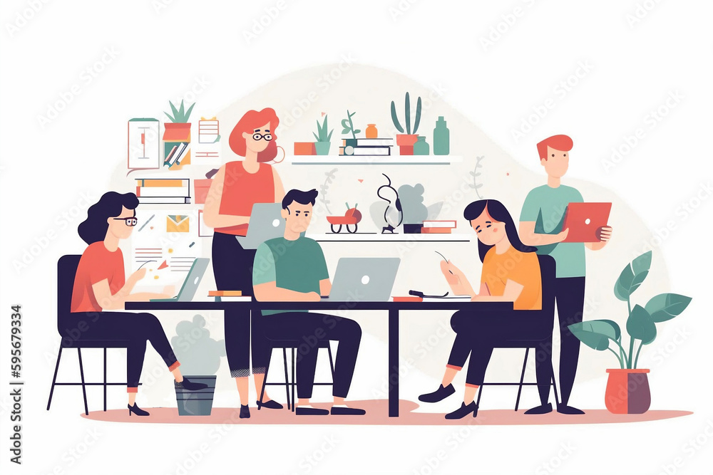 Group of business people working in office, collaborating on a project, sharing ideas. AI generative illustration, vector flat design style Group of business people working in office, collaborating on a project, sharing ideas. AI generative illustration, vector flat design style