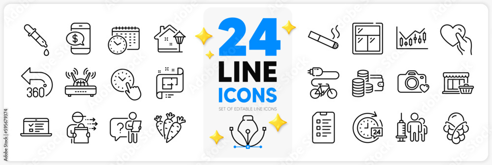 Icons set of Checklist, Financial diagram and Web lectures line icons pack for app with Food delivery, Electric bike, Smoking thin outline icon. 24h delivery, Carrots. Design with 3d stars. Vector