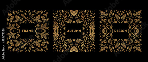 Set of leaves cover templates, decorative nature borders, round floral frame shape. Bright golden and black art decoration set. Autumn collection. Vintage banner for decor, print, textile, wallpaper,
