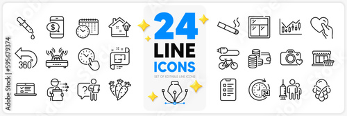 Icons set of Checklist, Financial diagram and Web lectures line icons pack for app with Food delivery, Electric bike, Smoking thin outline icon. 24h delivery, Carrots. Design with 3d stars. Vector